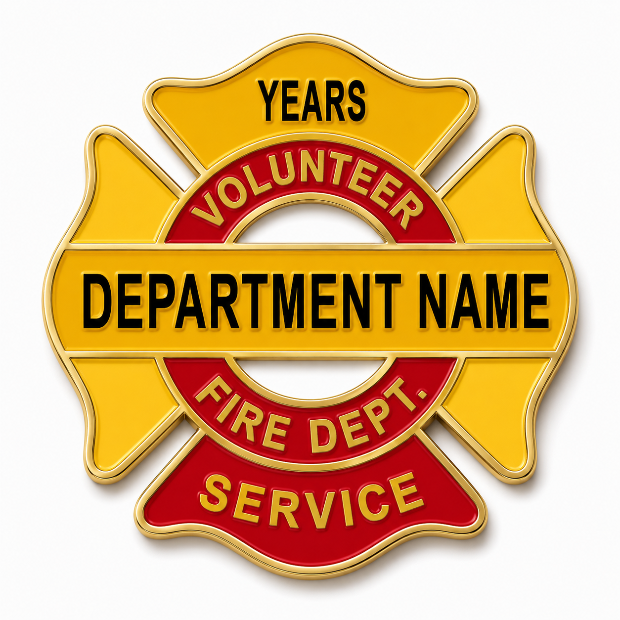 A decorative firefighter maltese style pin with a gold and red color scheme, featuring the words "Years," "Volunteer," "Department Name," "Fire Dept.," and "Service."