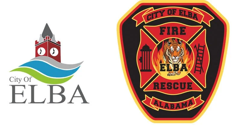 Logo of the City of Elba with a clock tower and colorful waves, and a fire rescue badge featuring a tiger, fire, and ladder.