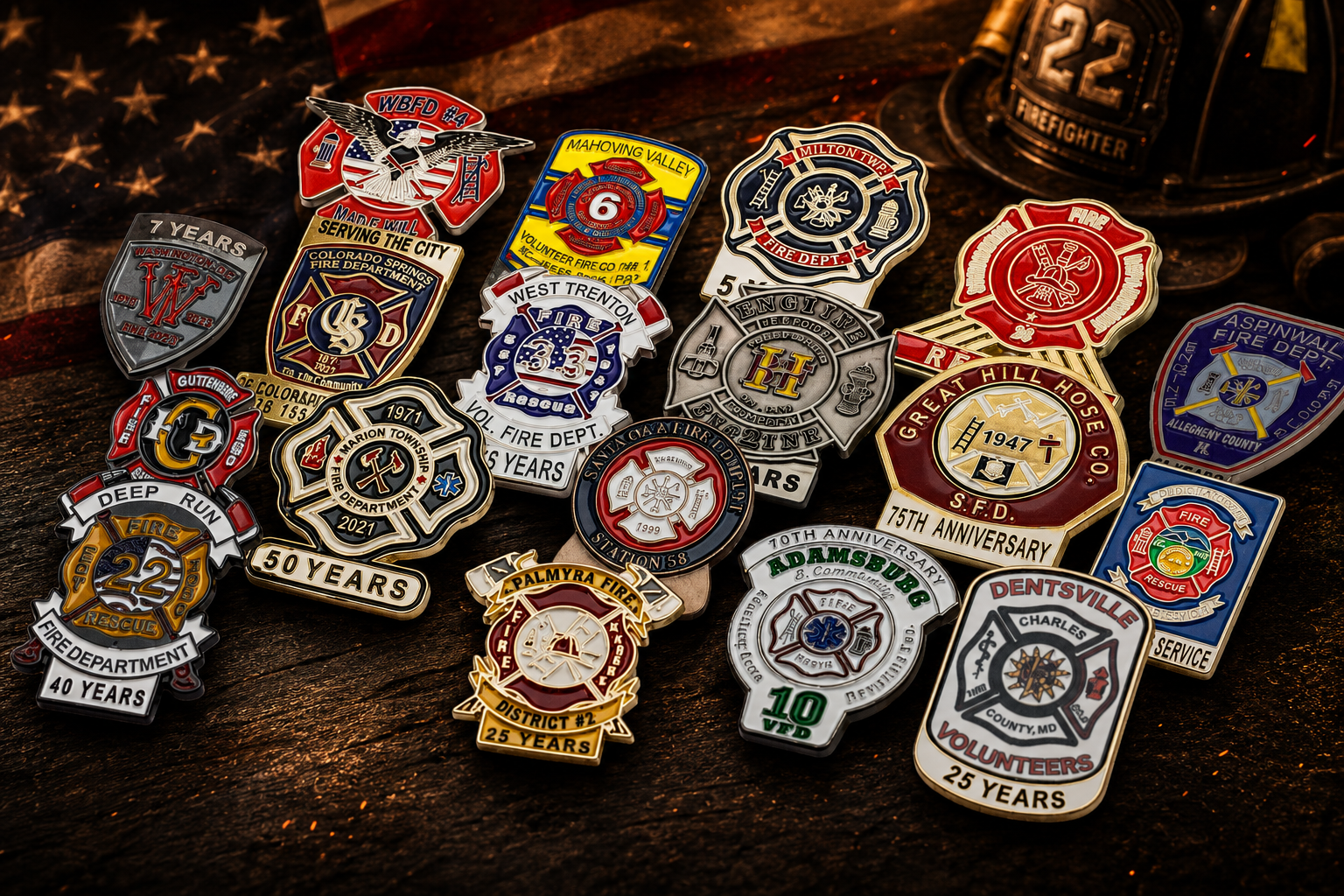 Collection of firefighter patch and years of service pins displayed on a wooden surface.