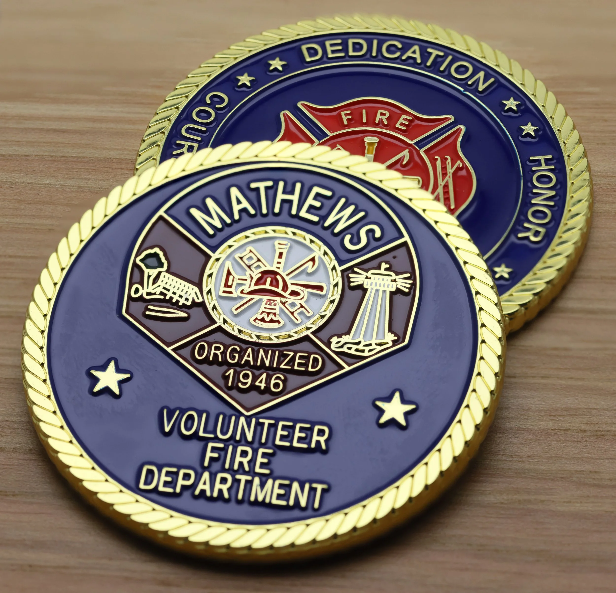 Commemorative challenge coins made for Mathews Vol. Fire Department Virginia.