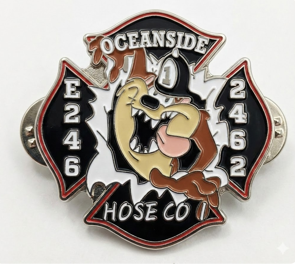 Colorful firefighter lapel pin featuring a bulldog with a firefighter hat, surrounded by firefighters tools, with the text 'Oceanside Hose Co 1'.