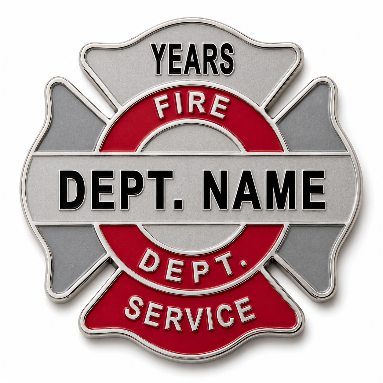 A firefighter maltese style pin with space for department name and years of service.