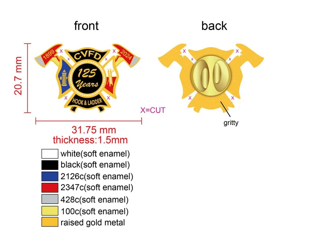Diagram of a commemorative pin with front and back views. The front features a shield-shaped design with a central black circle reading '125 Years' and the text 'CVFD' at the top, flanked by red and blue banners. The back shows a ring of yellow, raised gold metal with two 3D numbers, '00', in the center. Dimensions and color codes for materials are also indicated.