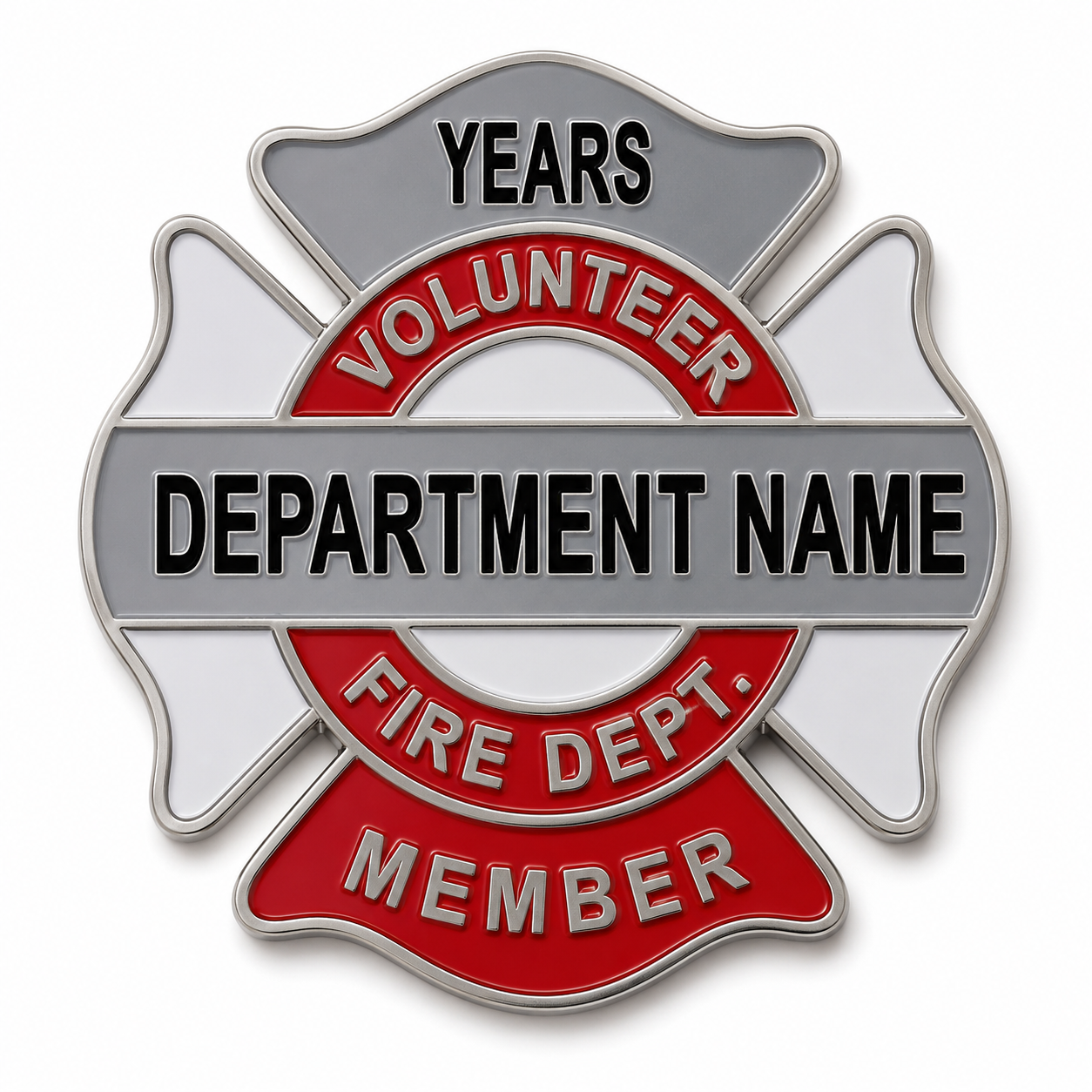 Fire department maltese style pin with customizable department name, indicating years of service, volunteer status, and membership.