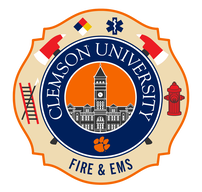 Clemson University Fire and EMS logo featuring a clock tower and fire department symbols.