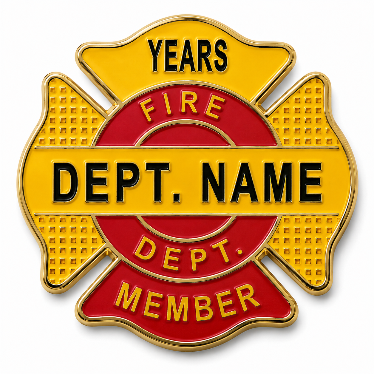 A firefighter maltese style pin emblem with gold and red colors. It has spaces for a department name, a fire department, member status, and years of service.