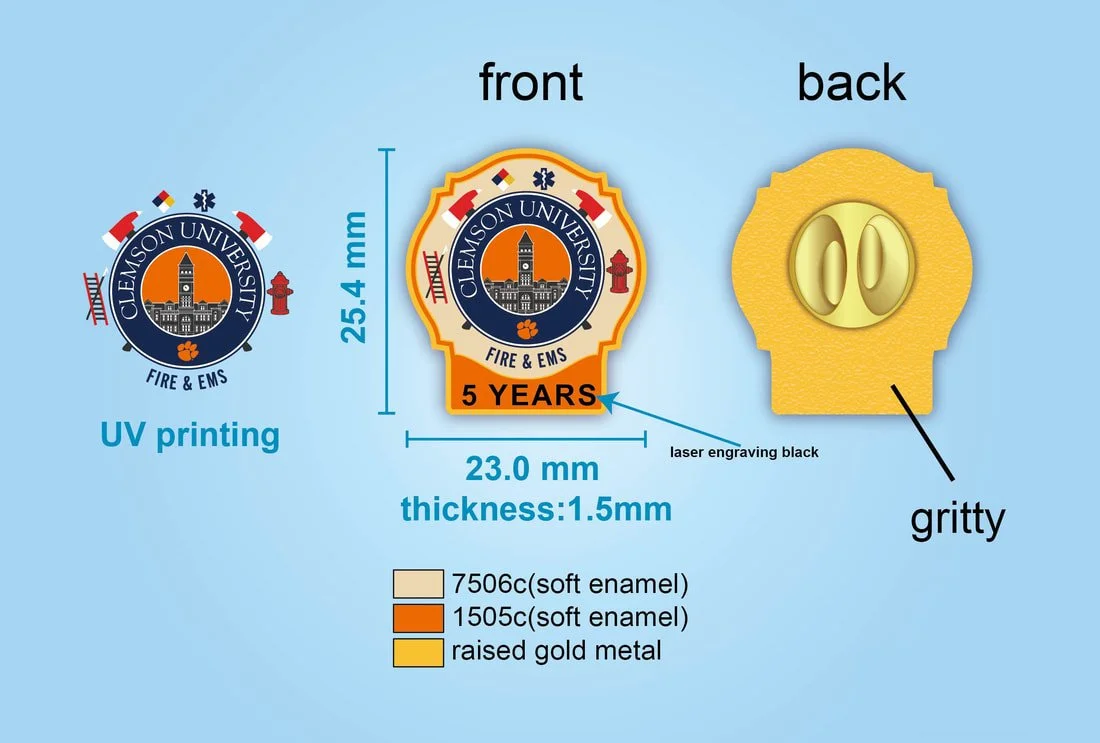 Diagram of a Clemson University Fire & EMS badge with dimensions, materials, and details about UV printing, laser engraving, and a gritty texture on the back.