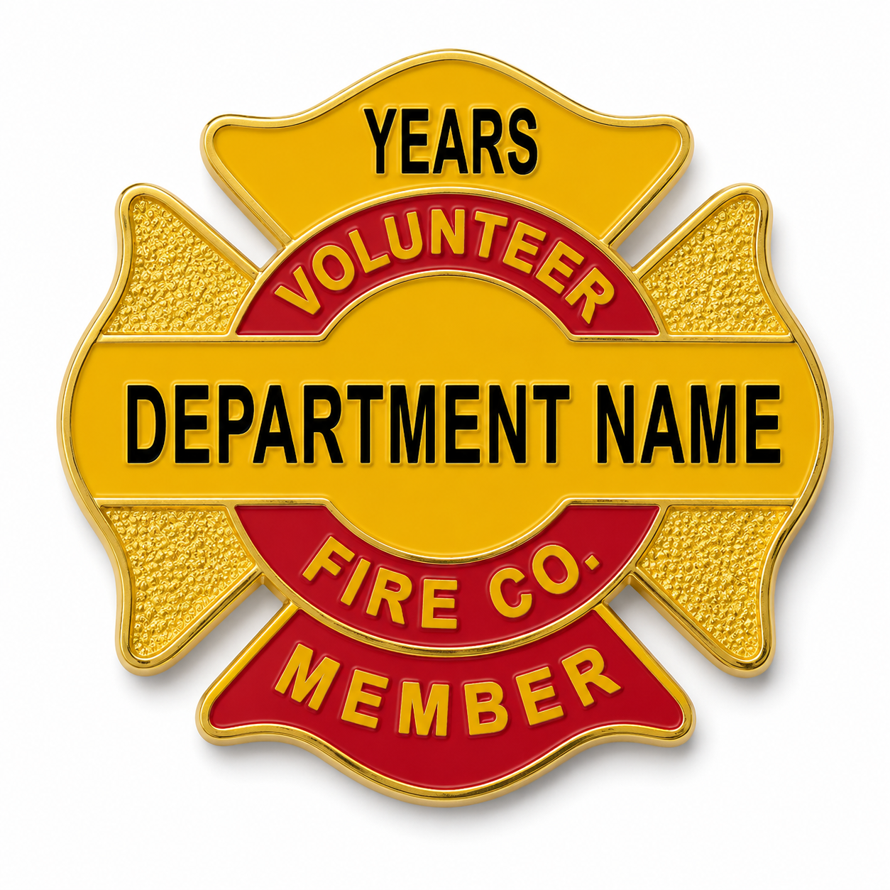 A firefighter maltese style pin with gold and red colors, featuring a central yellow area for the department name, and text indicating years of service, volunteer status, and membership.