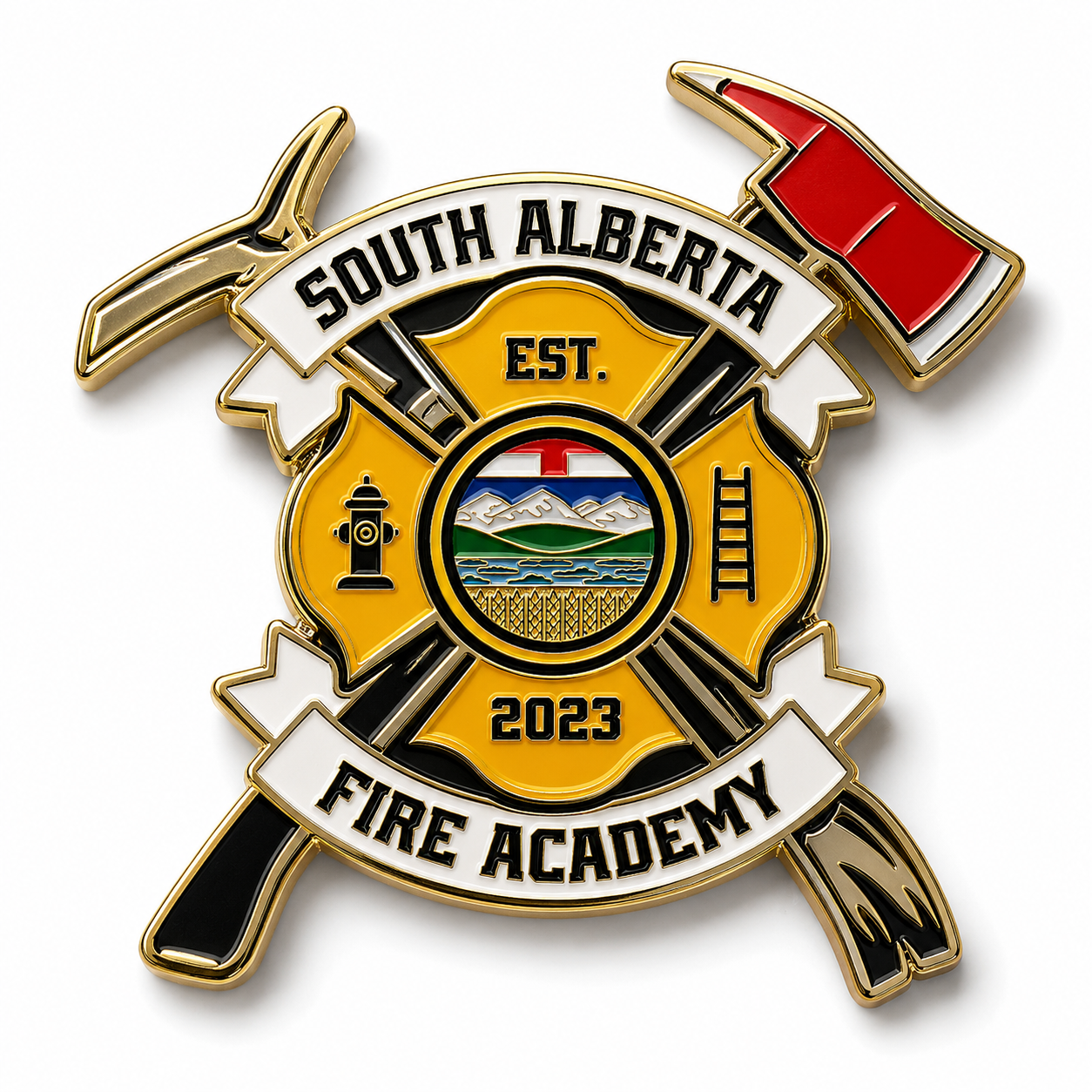 Firefighter pin featuring the South Alberta Fire Academy 2023 emblem, with symbols of a fire hydrant, ladder, and axe, and a red axe head at the top right.