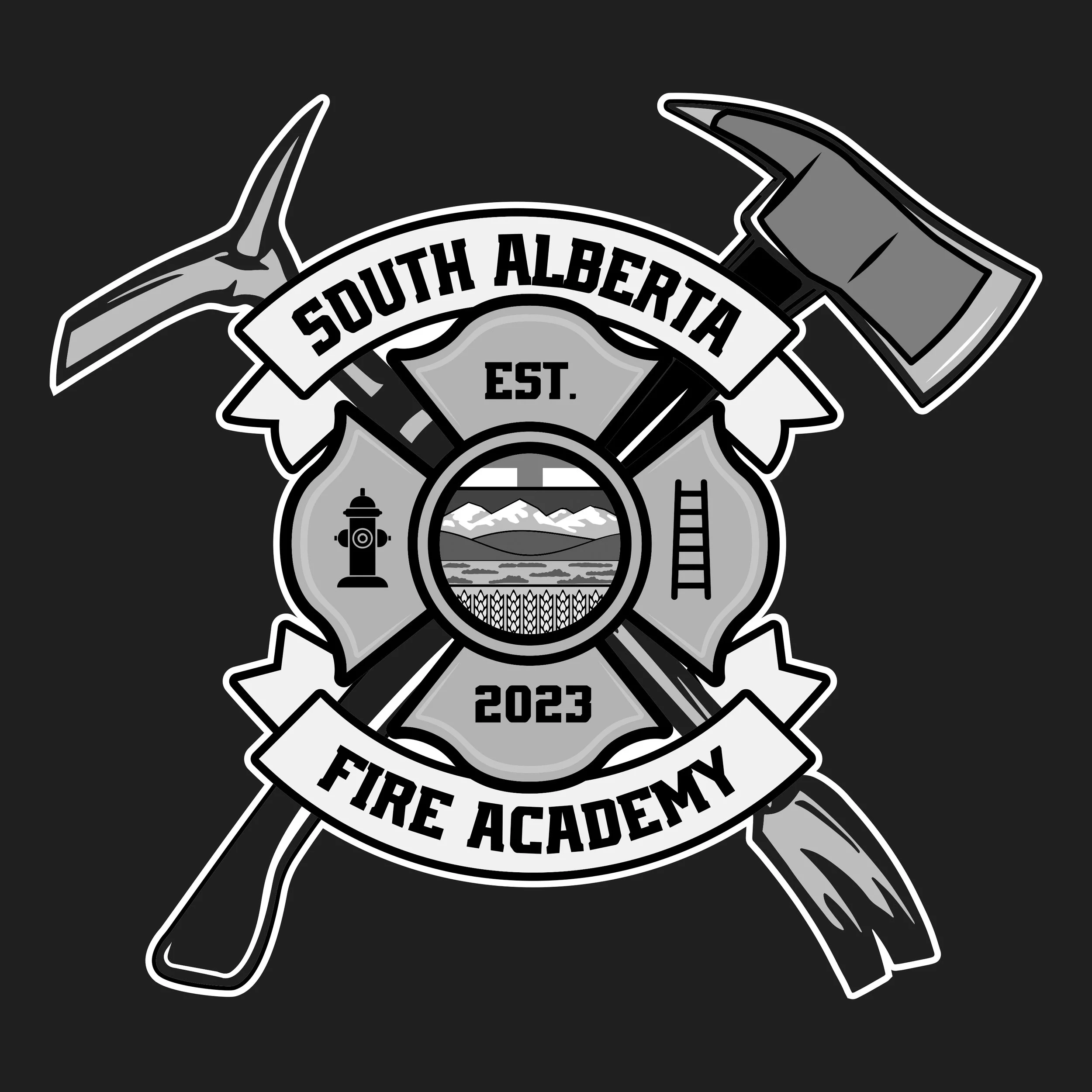 Black and white emblem with a firefighter axe and a firefighter pickaxe crossed behind a circle. Inside the circle, there is a mountain landscape with a fire hydrant, ladder, and a forest below. The text reads 'South Alberta Fire Safety Education Academy 2023'.