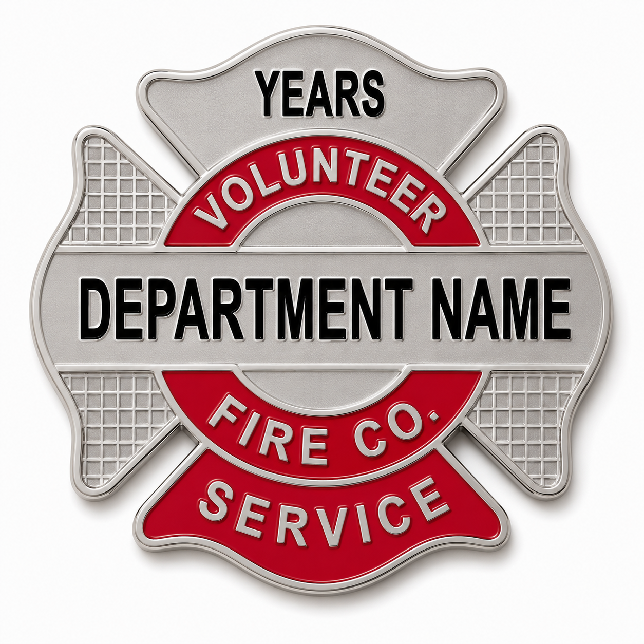 Fire department maltese style pin with placeholders for department name and years of service, featuring a silver and red design.