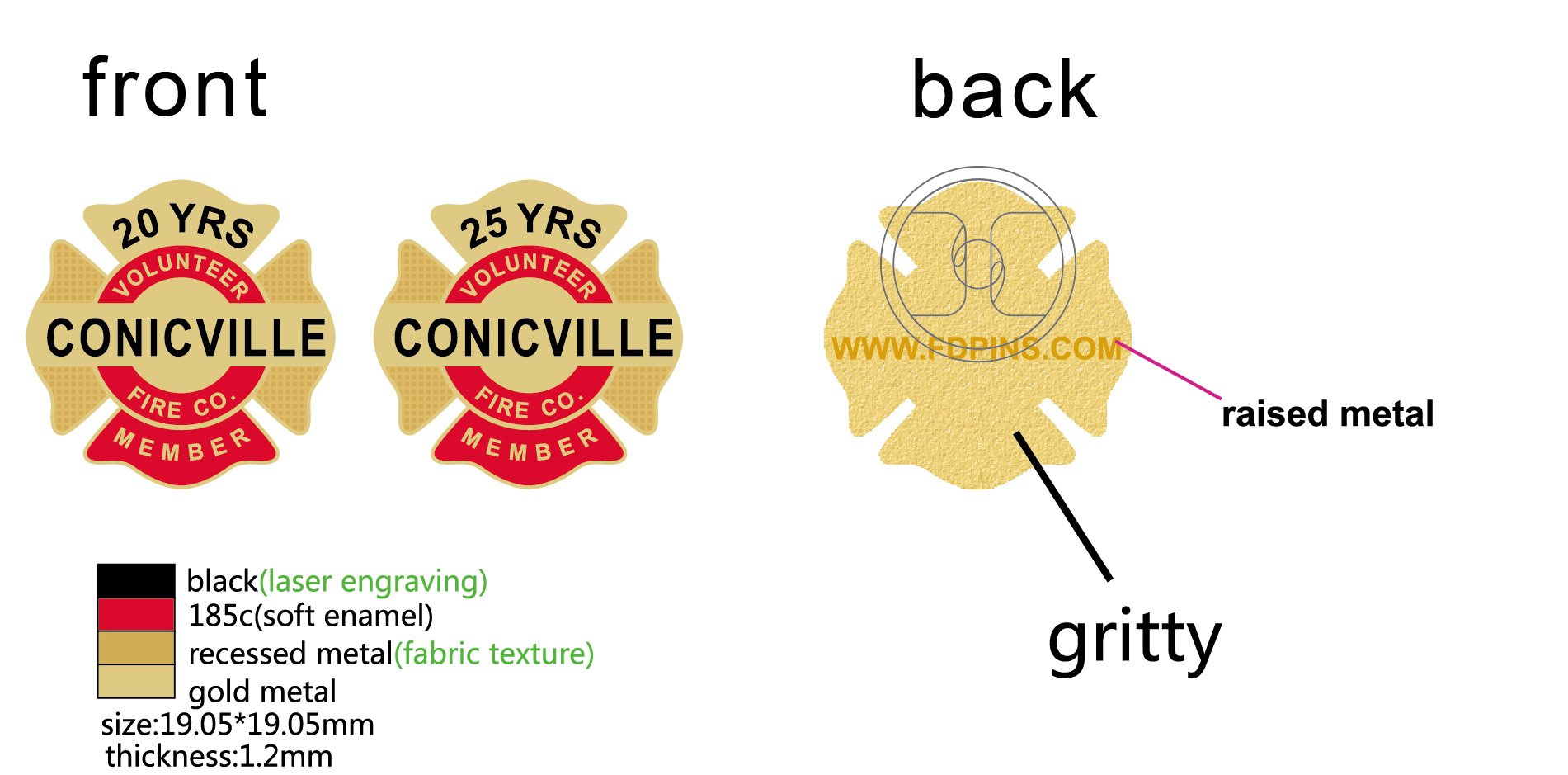 Diagram of a firefighter maltese cross showing front and back views, with labels for materials and features such as laser engraving, fabric texture, raised metal, and grit.