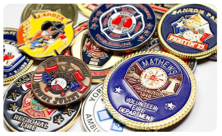 A collection of fire department challenge coins featuring various fire department logos and emblems.