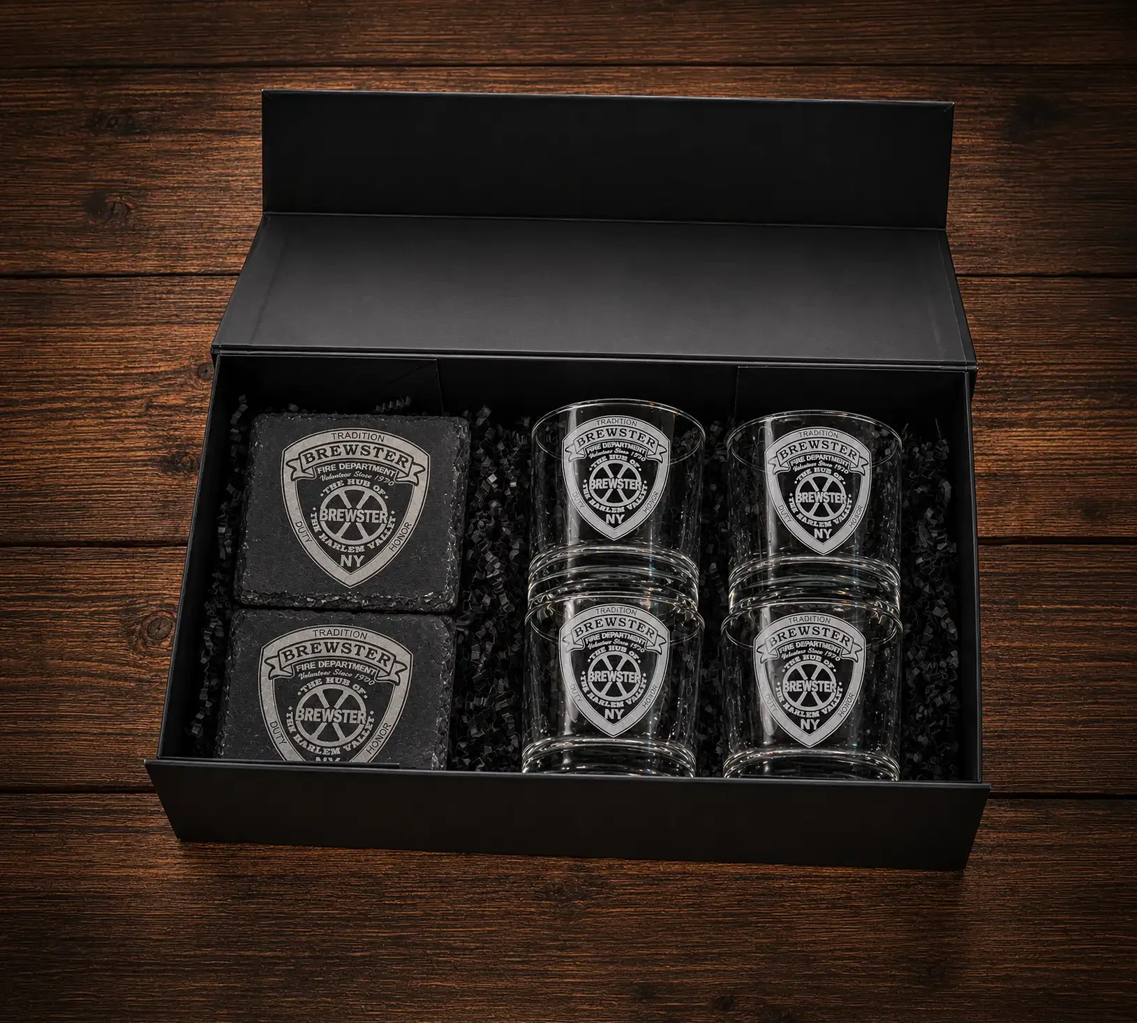 Customized Premium Whiskey Glass & Slate Coaster Gift Sets - Set of 4 Glasses & 4 Coasters