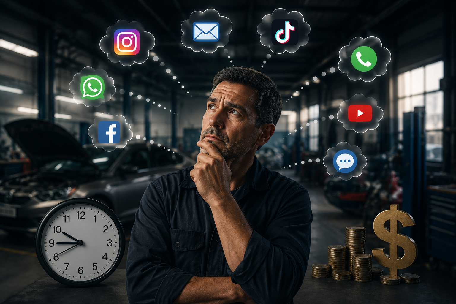 A man in a garage surrounded by social media icons, a clock, and stacks of coins with a dollar sign, implying thinking about time and money management.