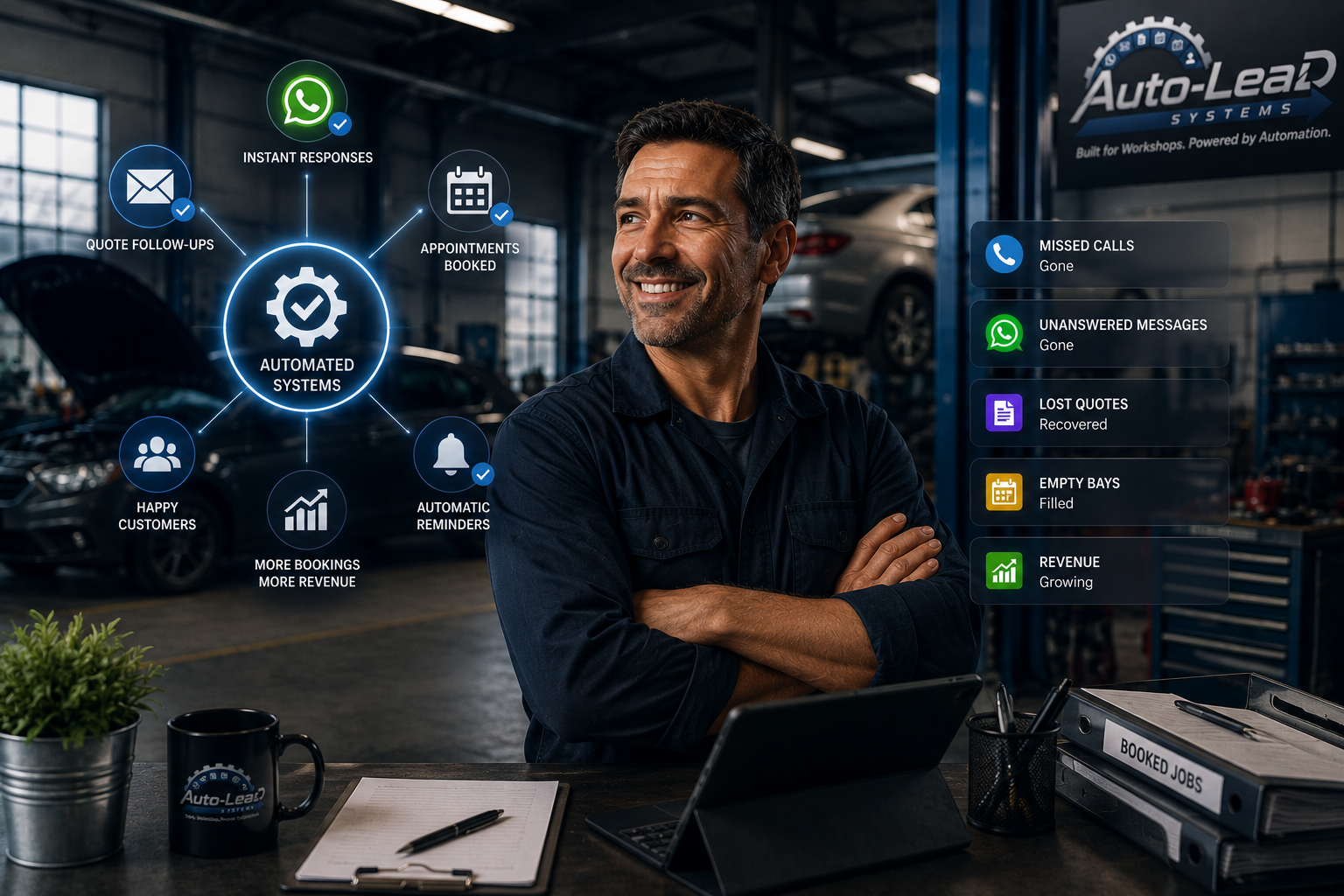 Man smiling in an automotive workshop with digital interface showing automated system benefits, call and message notifications, and workflow details.