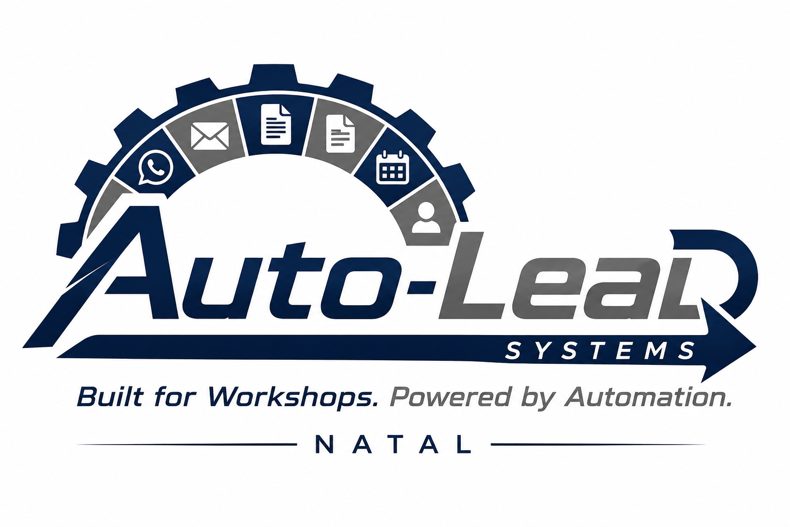 Auto-Leader Systems logo with gears, icons of communication and organization, slogan 'Built for Workshops. Powered by Automation.' and the location 'NATAL'