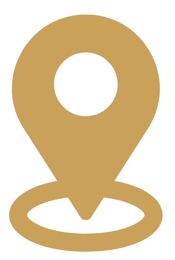 Icon of a gold location pin on a black background.