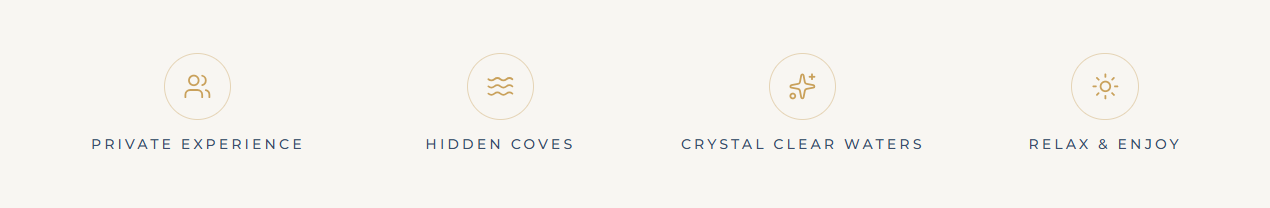 Icons and text describing a luxury experience with private experience, hidden coves, crystal clear waters, and relaxing & enjoying.