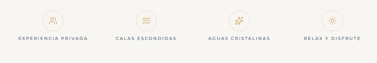 Icons with Spanish labels: private experience, hidden coves, crystal waters, relax and enjoy.