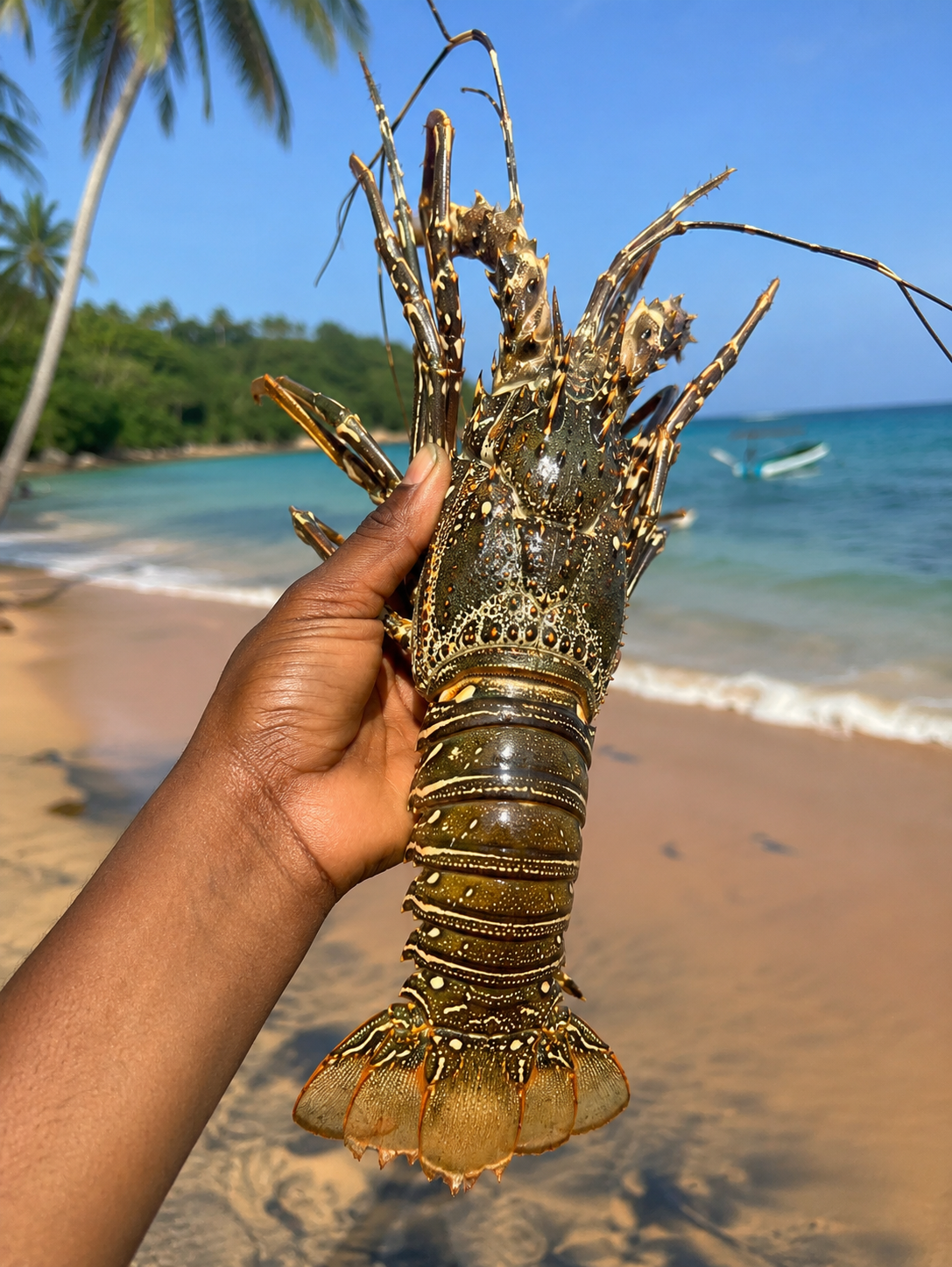 Person holding a live lobster on a sandy beach with palm trees, blue ocean, and a boat in the background.