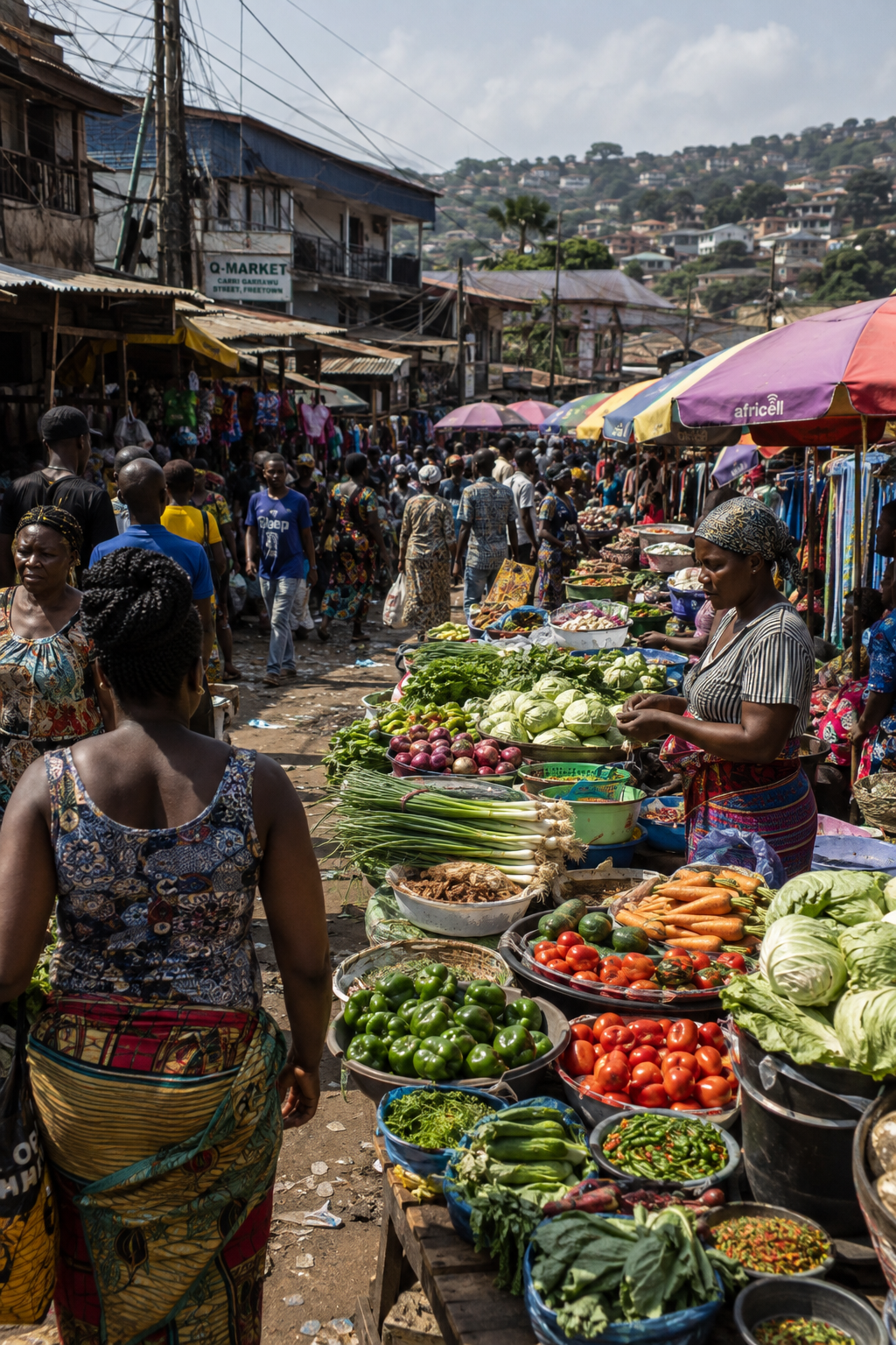 A bustling outdoor market in an urban area with vendors selling fresh vegetables and fruits such as tomatoes, cabbages, carrots, and peppers. People walk through the market and shop under colorful umbrellas, with houses and hills in the background.