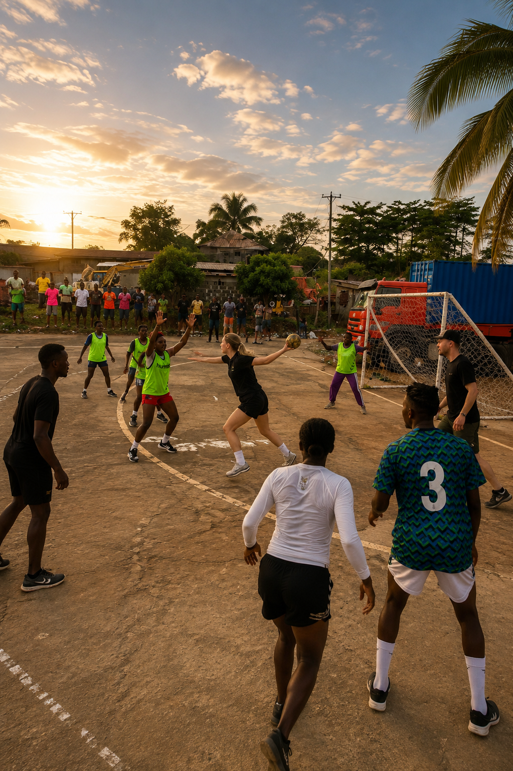 Håndboldtræning med unge spillere på en lokal bane i Sierra Leone.