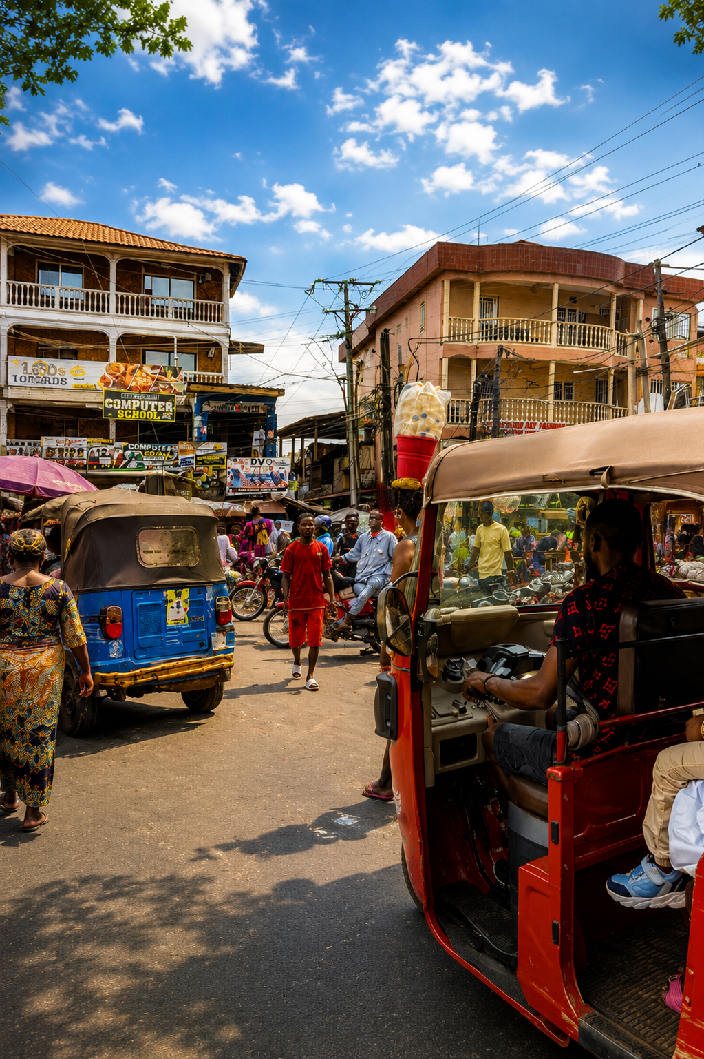 Gadeliv i Freetown med marked, keke-taxaer og mennesker i byens travle gader.