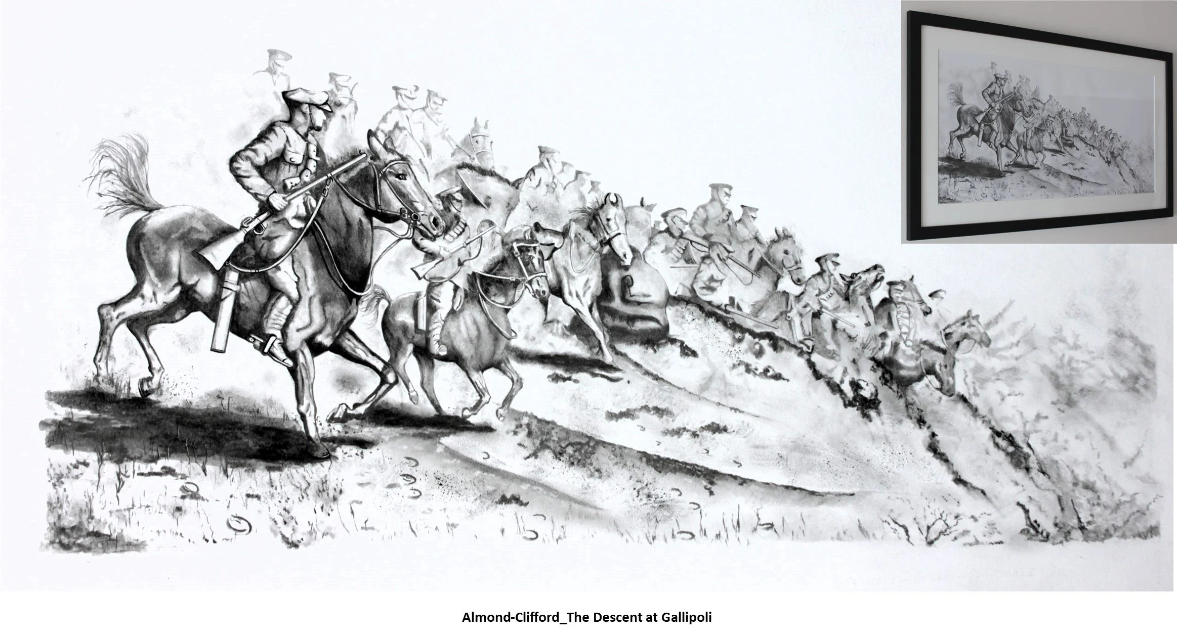 Black and white drawing of soldiers on horseback descending a hill during Gallipoli, with a framed version of the same image on the wall.