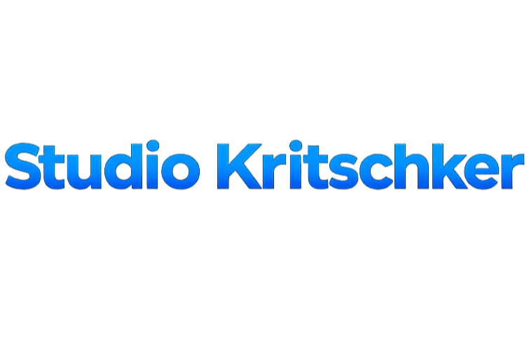 Logo with the words 'Studio Kritschker' in gradient blue text and a small green accent for the letter 'K'.
