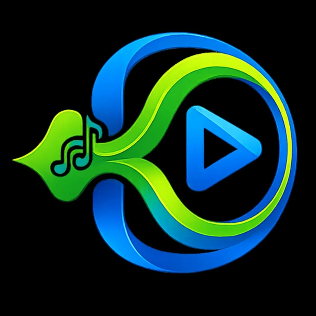 Logo with a play button inside a circle, musical notes, and colorful waves in blue and green on a black background.