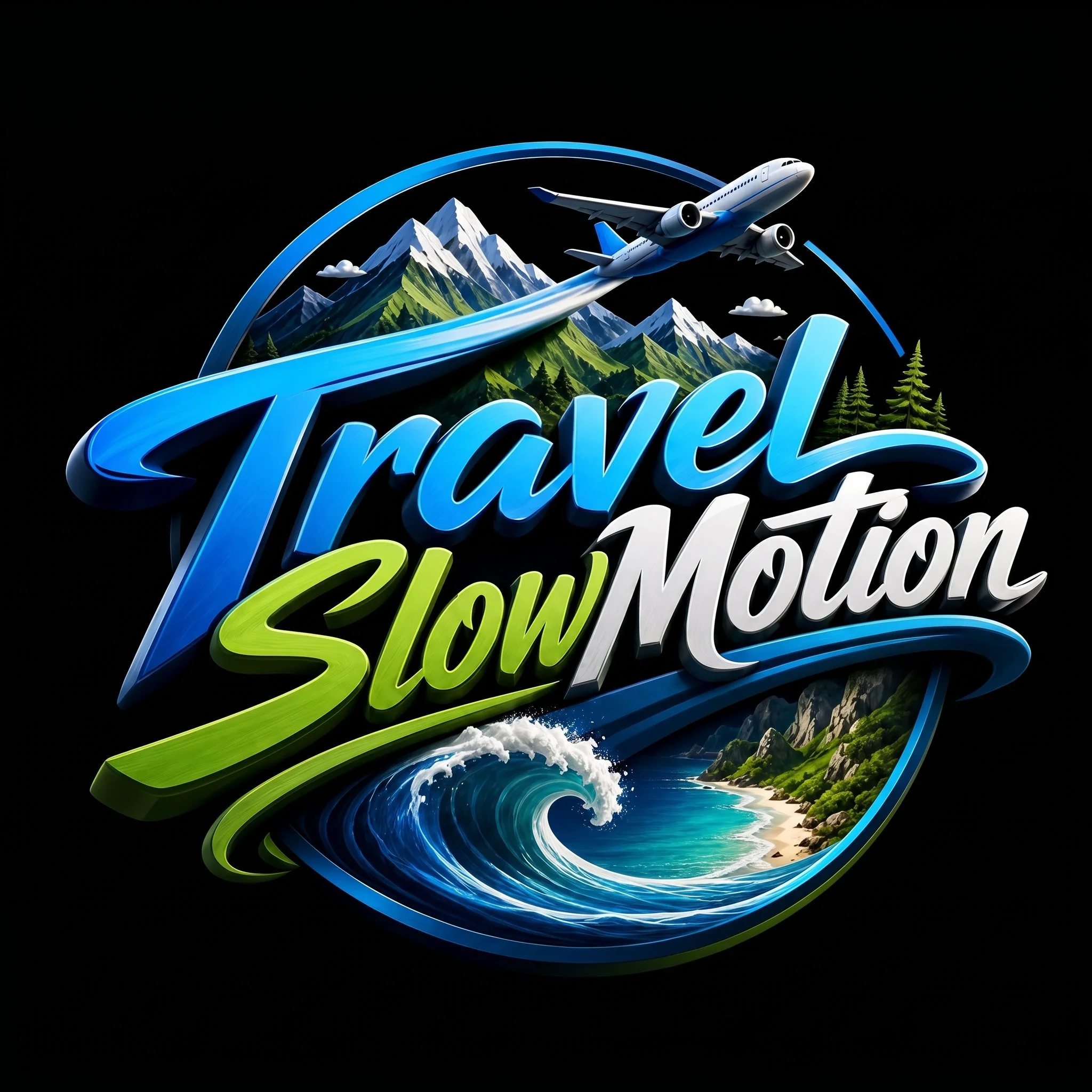 An artistic graphic with a mountain scene, ocean waves, and the Ford logo text. An airplane is flying over the scene, all set against a black background.
