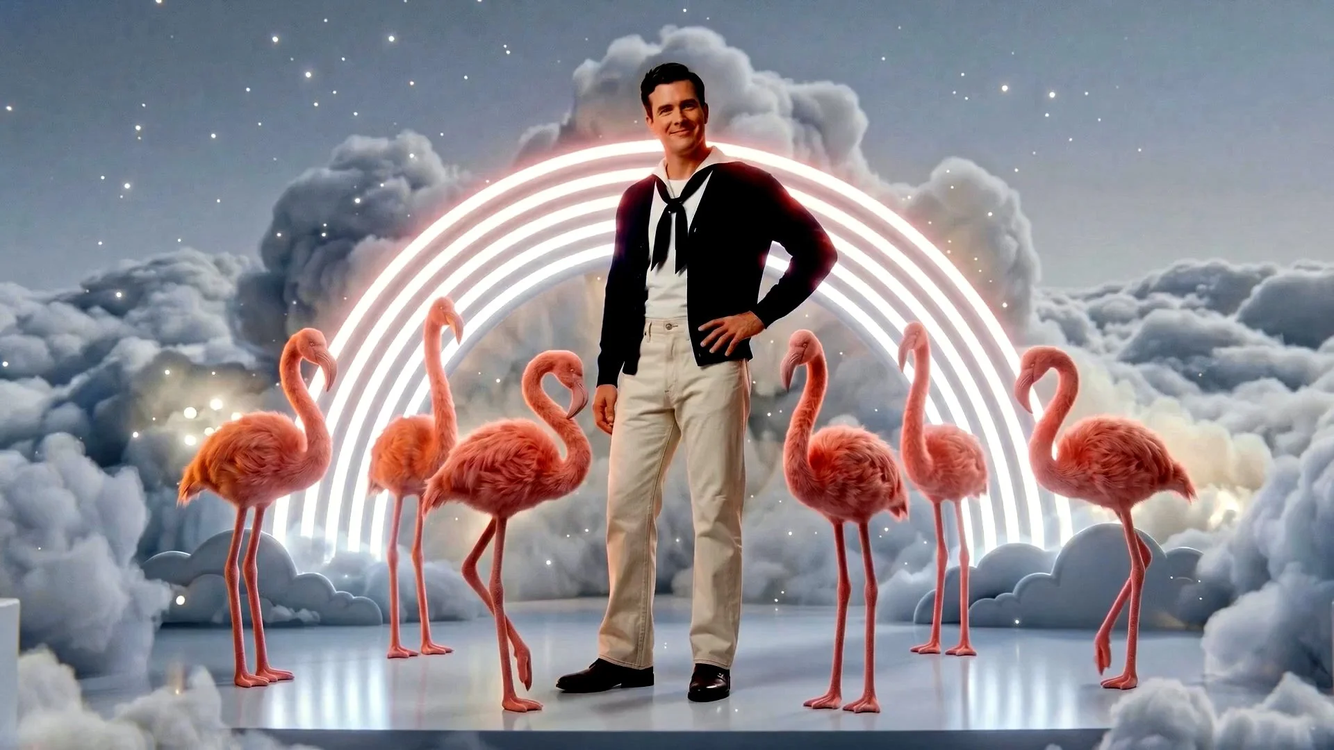 A young man in a black and white outfit standing among pink flamingos in front of a rainbow, clouds, and starry night sky.