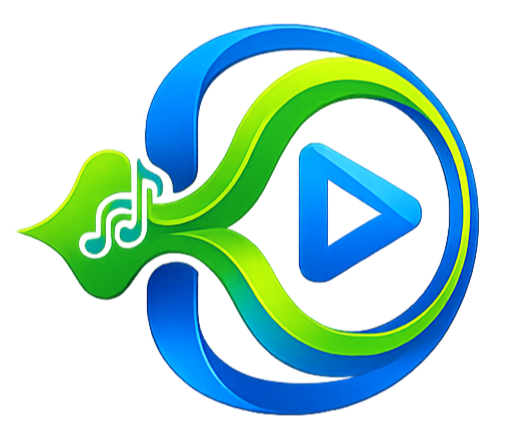Music note and play button icons intertwined in a graphic design.