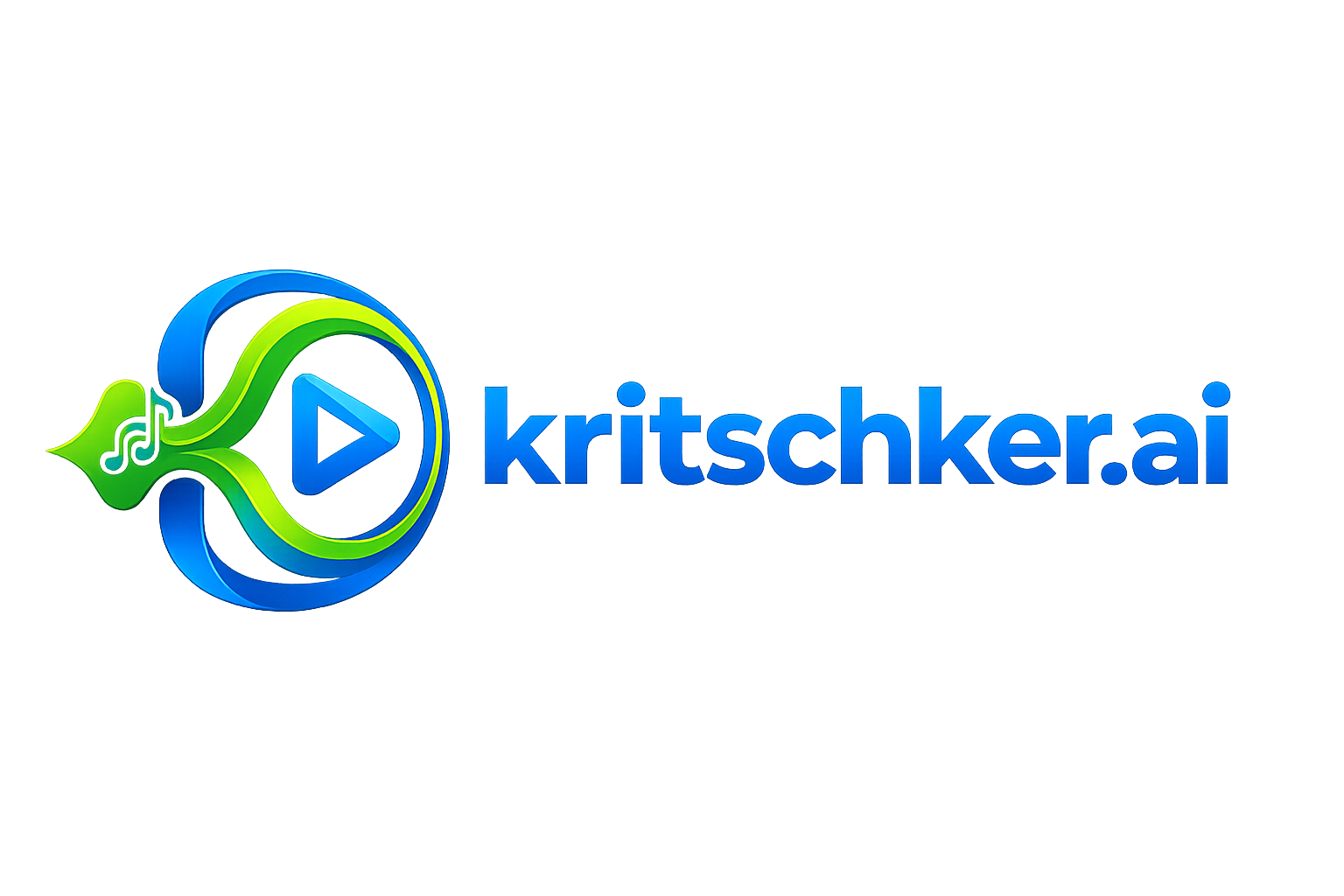 Logo with a green and blue fish design and a blue play button in the center, next to the text 'kritschker.ai' in blue.