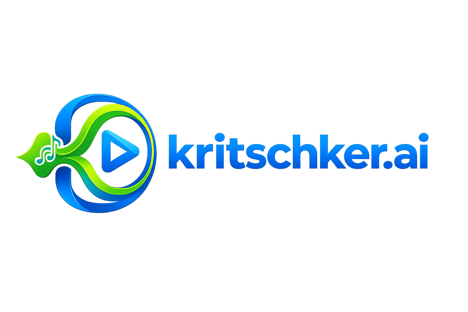 Logo for Kritschker.ai with a green and blue fish design containing a play button and a music note, with the website name 'kritschker.ai' in blue text.