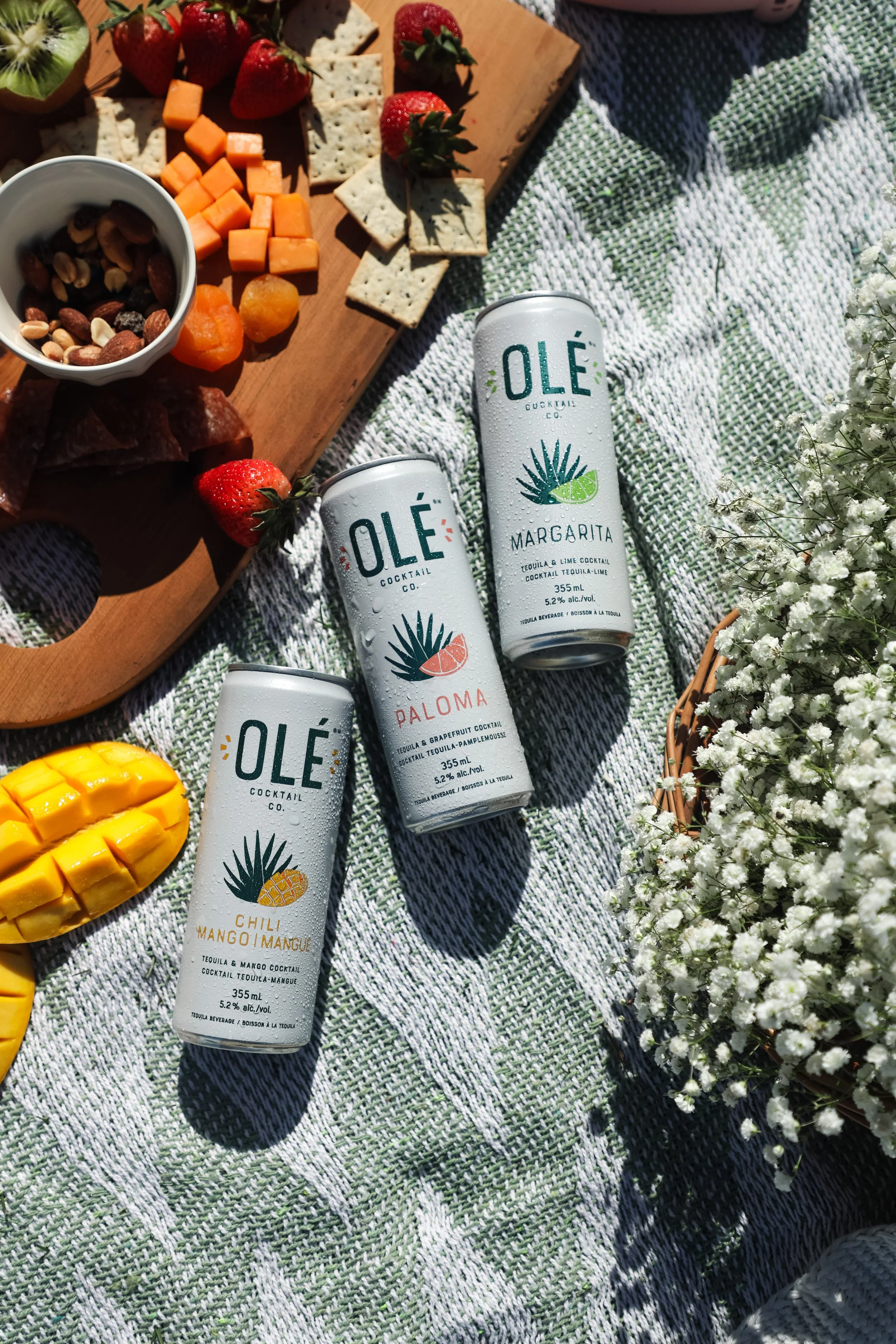 A picnic setup on a green patterned blanket with three cans of Olé cocktail drinks, a wooden platter with strawberries, crackers, mixed nuts, dried apricots, a sliced mango, and a bowl of diced cantaloupe. The scene is outdoors with flowers on the right side.