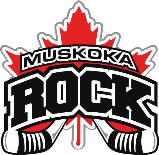 Logo for Muskoka Rock, featuring a red maple leaf and stylized hockey sticks.