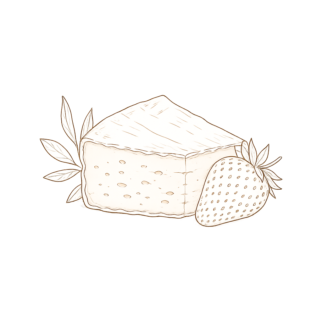 A sketch of a wedge of cheese, a strawberry, and some leaves.