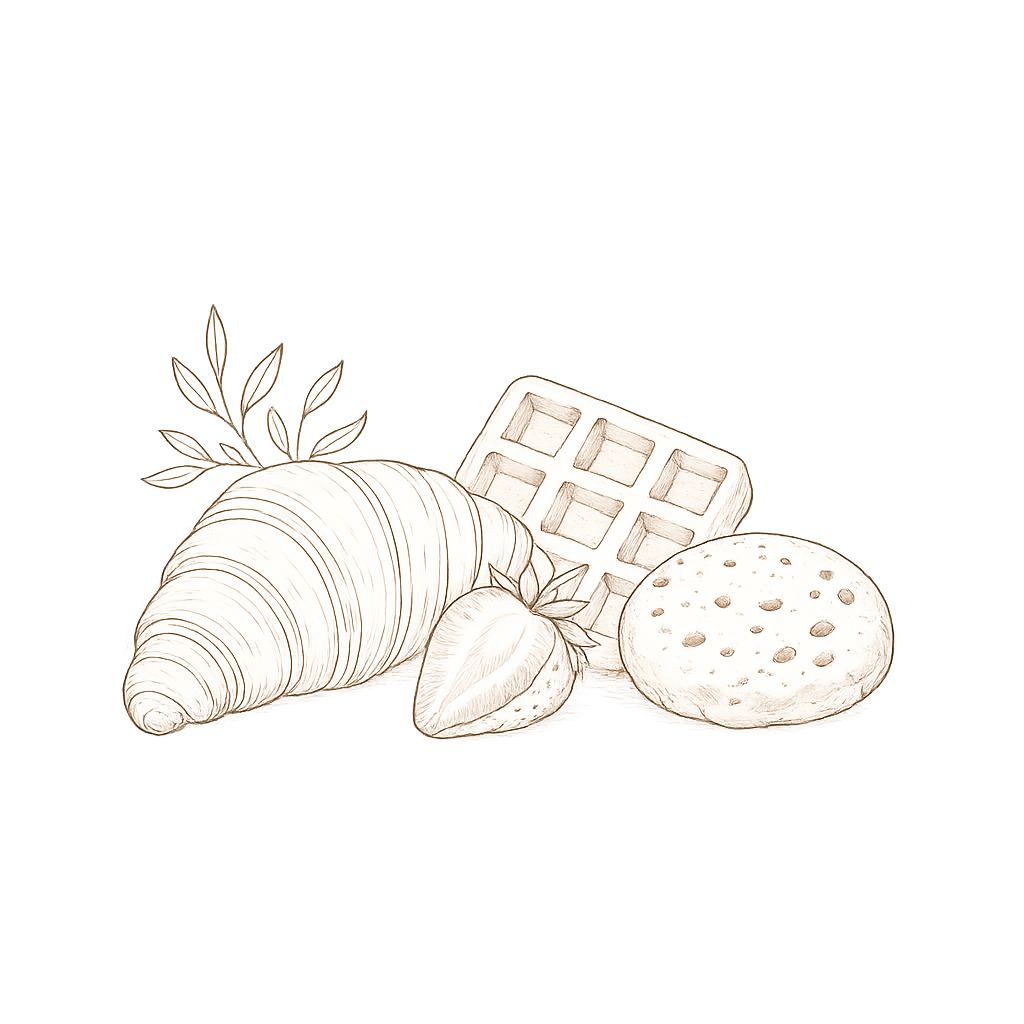 Outline drawing of a croissant, strawberry, waffle, and cookie with a leafy sprig.