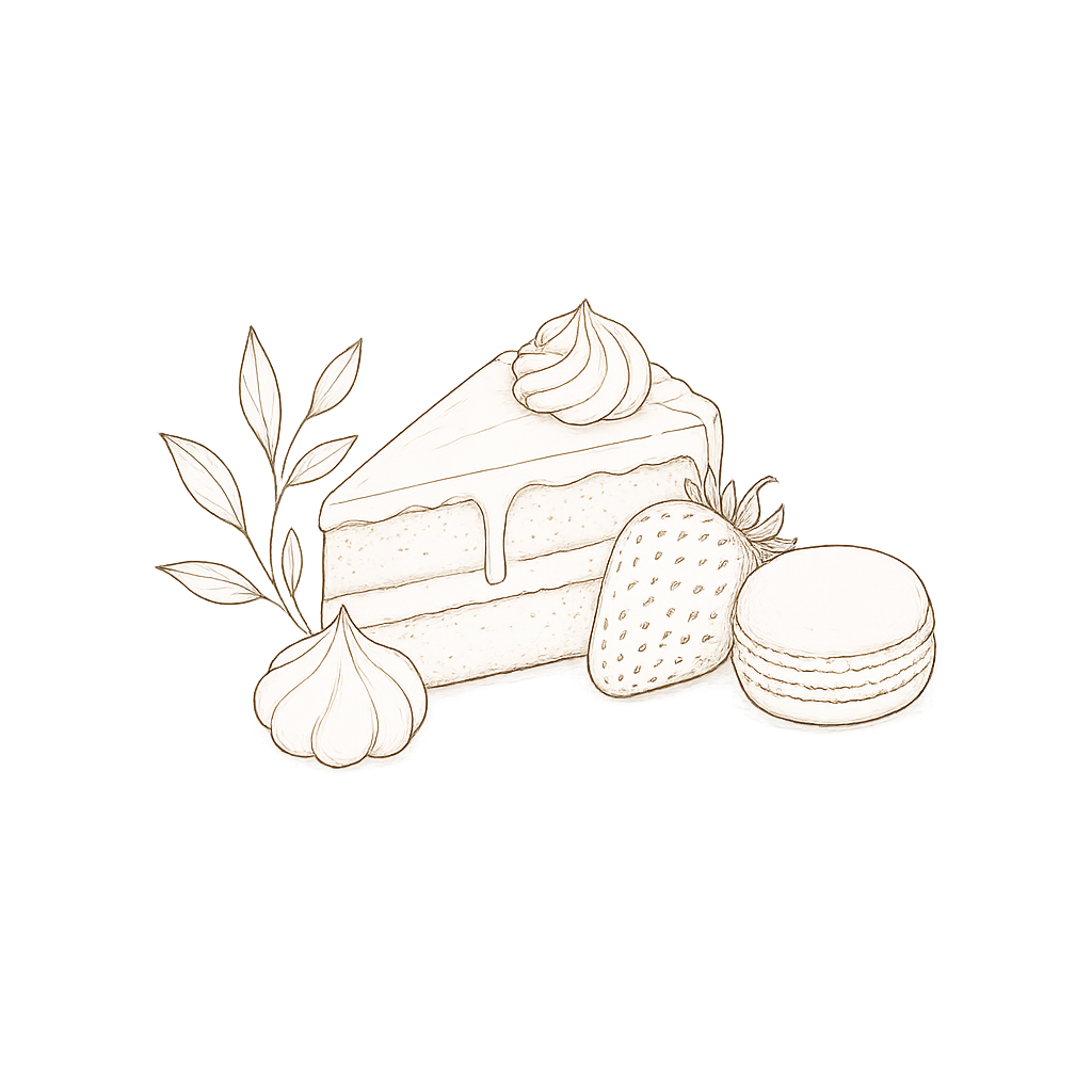 Line drawing of a slice of cake with whipped cream, strawberries, a leaf, and macarons