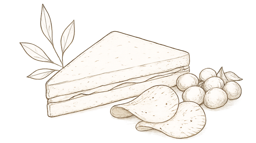 Sketch of a sandwich with bread, lettuce, and other fillings, alongside sliced turkey, a cluster of grapes, and additional slices of turkey.