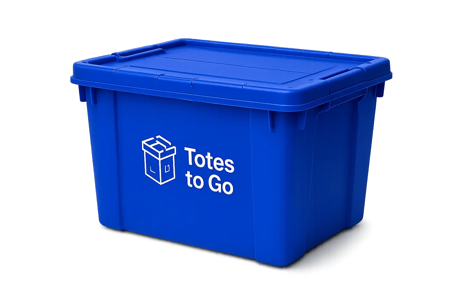 Blue reusable plastic moving tote with attached lid — available for rent from Totes to Go serving Kearney and surrounding areas