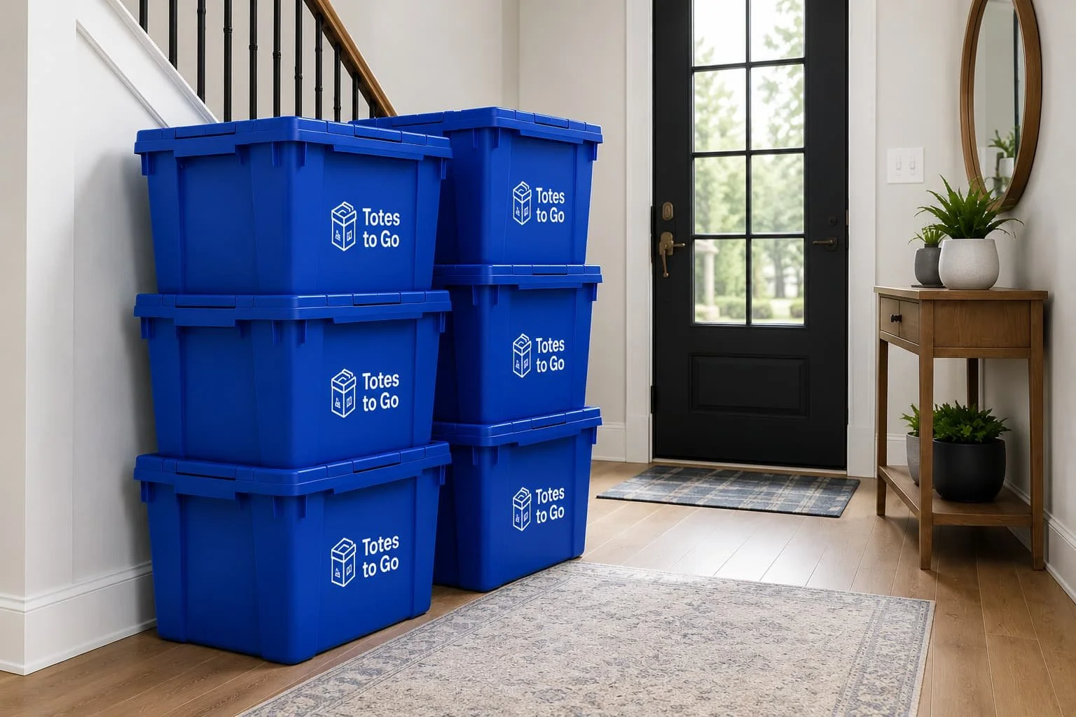 Blue moving totes stacked near a home entryway door — Totes to Go delivers reusable rental totes to your door in Kearney, NE