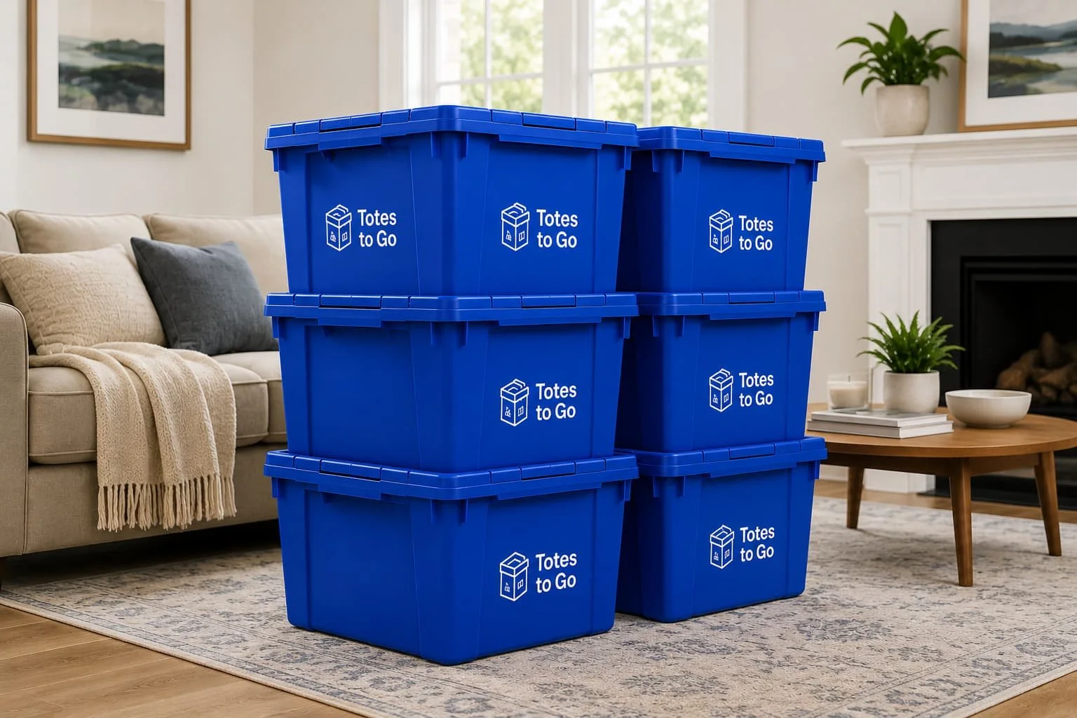 Reusable blue moving totes stacked in a living room, ready for packing — Totes to Go rental service in Kearney, NE
