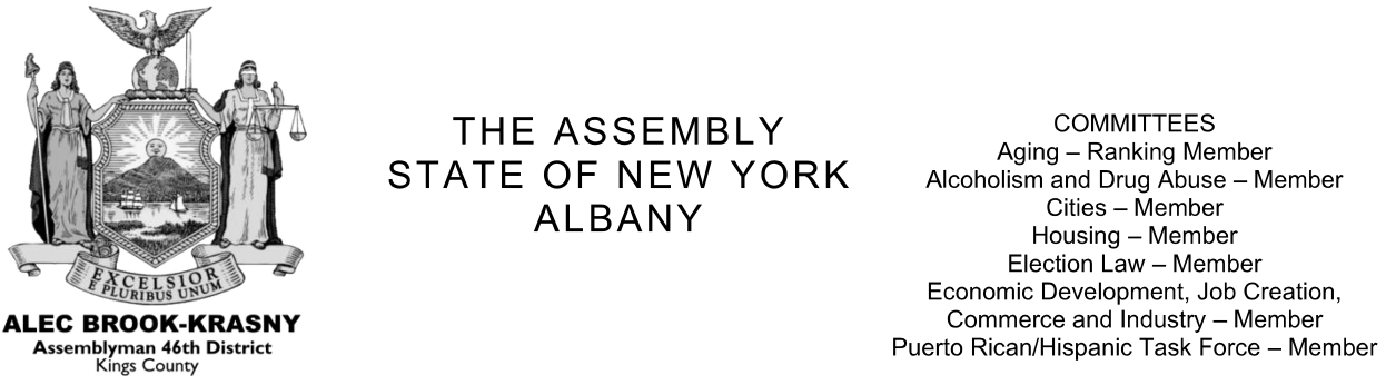 Official letterhead from the New York State Assembly in Albany, featuring the state seal on the left, and a list of assembly committees and members on the right, with Alec Brook-Krasny's name and district information below.