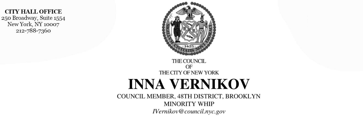 Official letter from the New York City Council member Inna Vernikov, with the city seal and contact information, addressing her district and title.