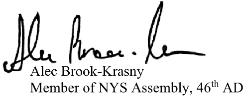 Signature with the name Alec Brook-Krasny and details about being a member of NYS Assembly, 46th AD.