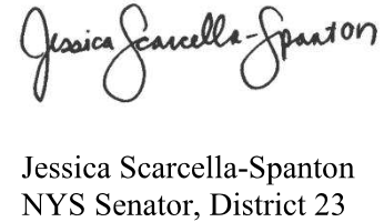 Signature of Jessica Scarcella-Spanton and her title as NYS Senator for District 23.
