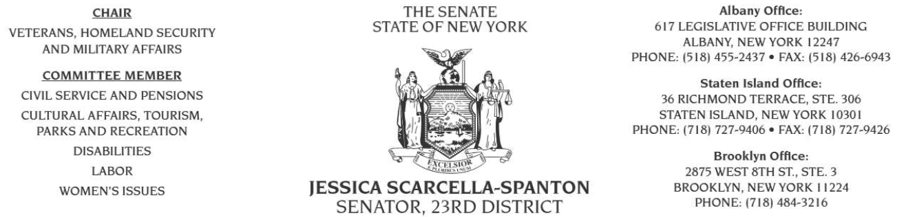 Official letterhead from the New York State Senate featuring the NY State Seal and contact information for Albany, Staten Island, and Brooklyn offices. The letterhead includes the senator's name, Jessica Scarcella-Spanton, and her title as a senator for the 23rd district.